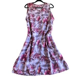 Floral Midi Dress Sleeveless Purple Pink Button Front Summer Casual